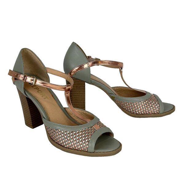 Report Meg T Strap Heels Woven Gray & Metallic Rose Gold Open Toe Block Heel 8 - Picture 2 of 11